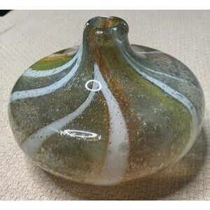 Vintage Murano Art Glass Vase Green Gold Swirling MCM 8"x8"